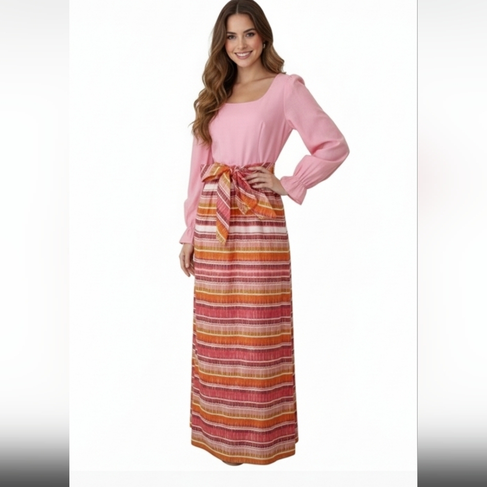 Vintage Peasant Dress Small Pink Orange Yellow Stripe
